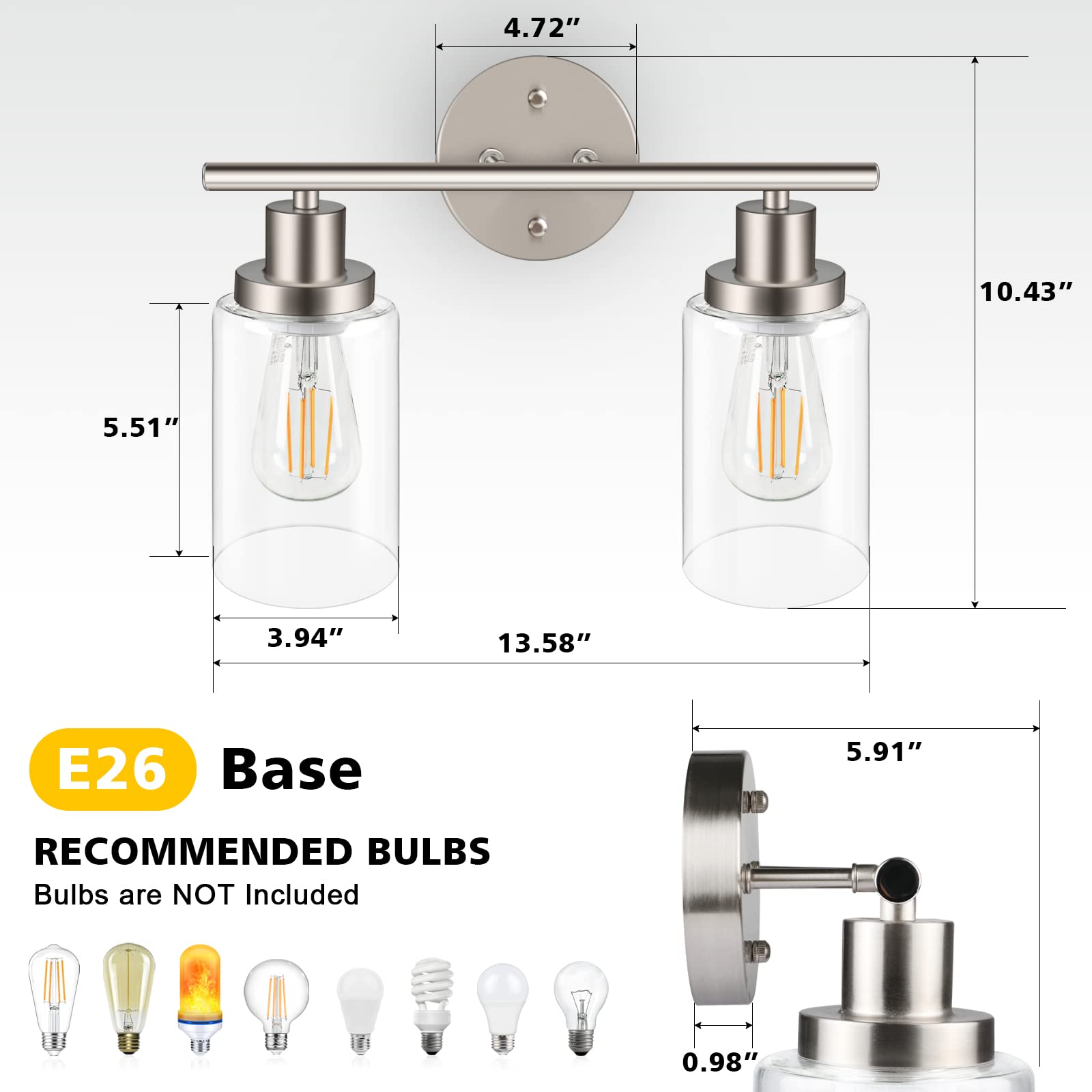 Unicozin 2 Light Vanity Lights, Matt Nickel Wall Sconce with Clear Glass, E26 Base, Bathroom Lighting Fixture