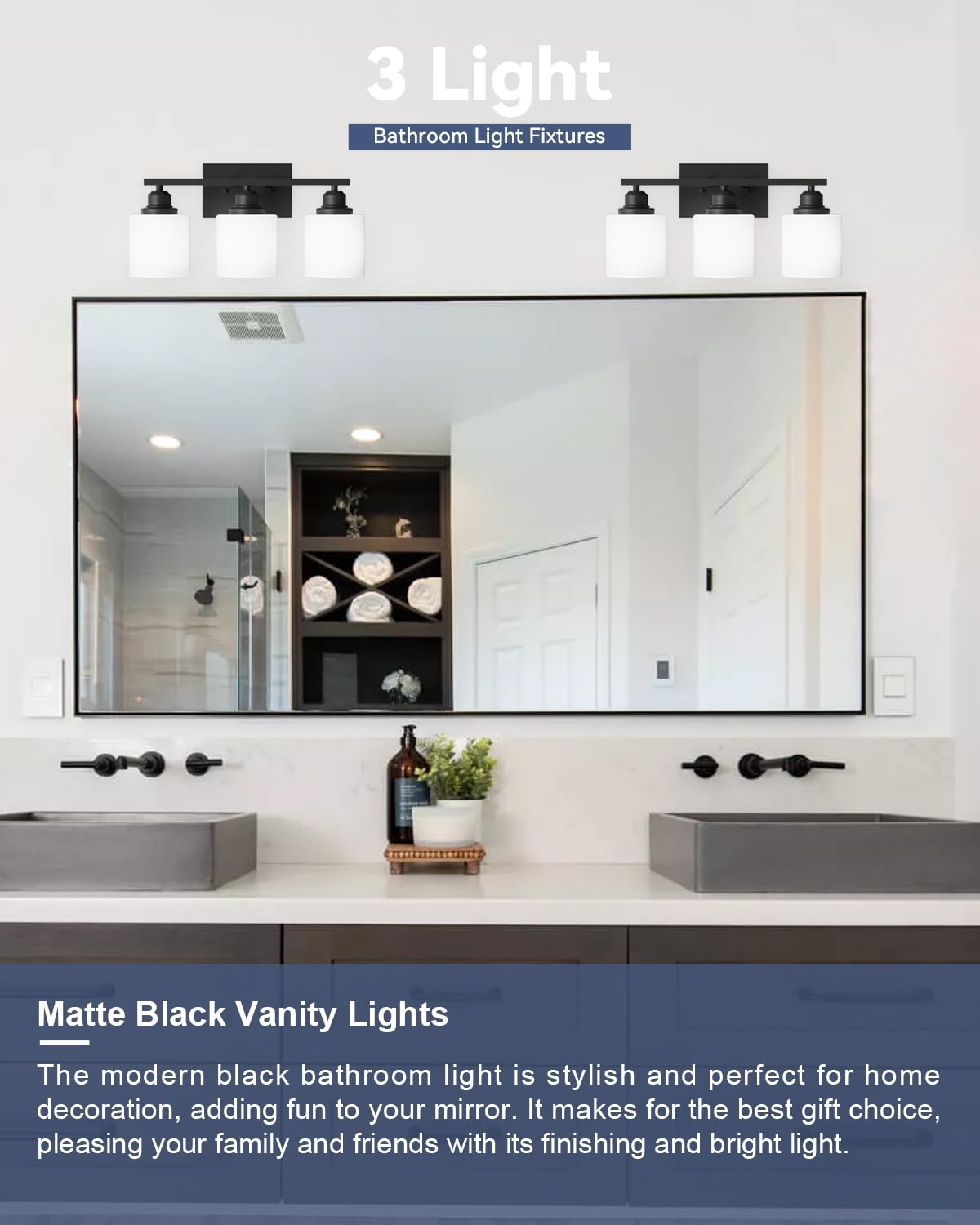 Sailstar 3-Light Bathroom Vanity Light, Anti-Rust Matte Black Bathroom Light Fixtures Over Mirror, Modern Bathroom Lights Wall M