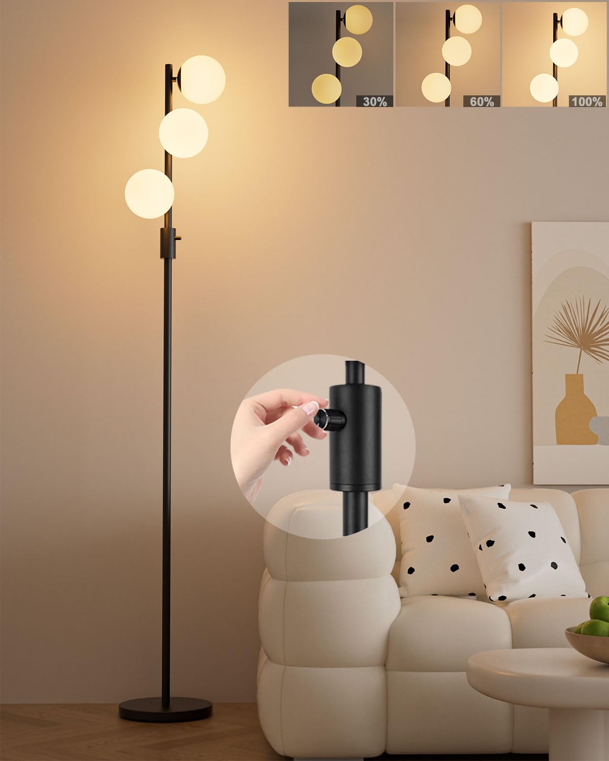 Lightdot Globe Floor Lamp, Dimmable with 3PCS 3000K G9 Bulbs, Metal, Black Pole, Mid Century Modern, Model YRFLL-G9XX--B-