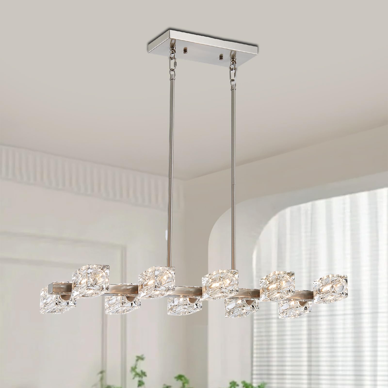 Xingqi Rectangular Chandeliers For Dining Room, Modern 10 Lights Brushed Nickel Kitchen Island Light Fixture With Glass Lampshad