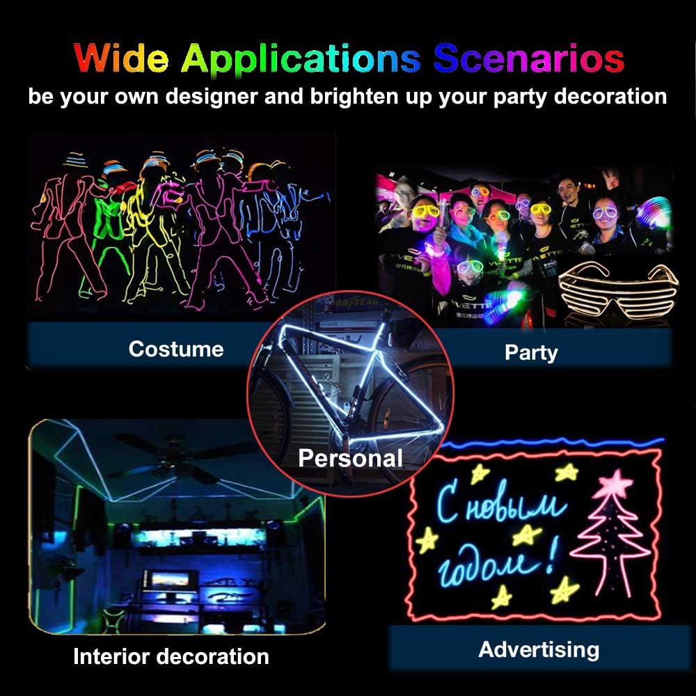 Maxlax El Wire Red, 2M Portable Battery Pack Neon Lights Strip 360° Cuttable Glowing Rope Lights For Parties, Halloween, Diy Decoration