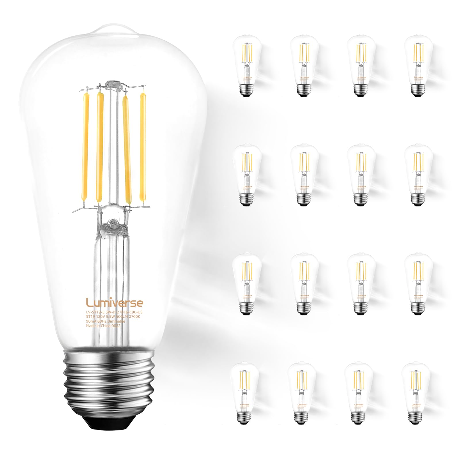 16 Pack St19 Dimmable Led Edison Bulb, 5.5W (60W Equivalent), 500Lm, Cri 95+, 2700K Soft White, E26 Medium Base, Vintage Filamen