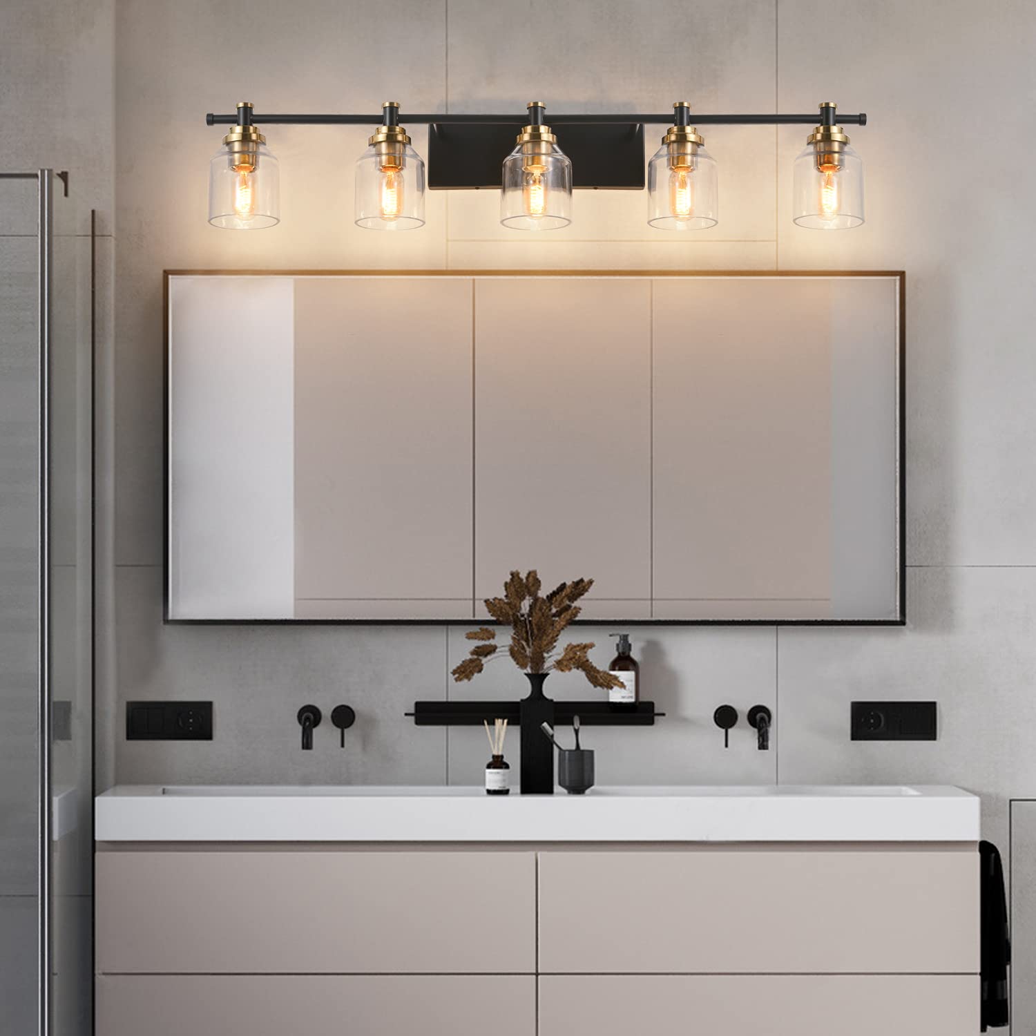 SOLFART 5-Light Bathroom Light Fixtures, Black Brass Finish, Vintage Globe Design, Model 7900-5T
