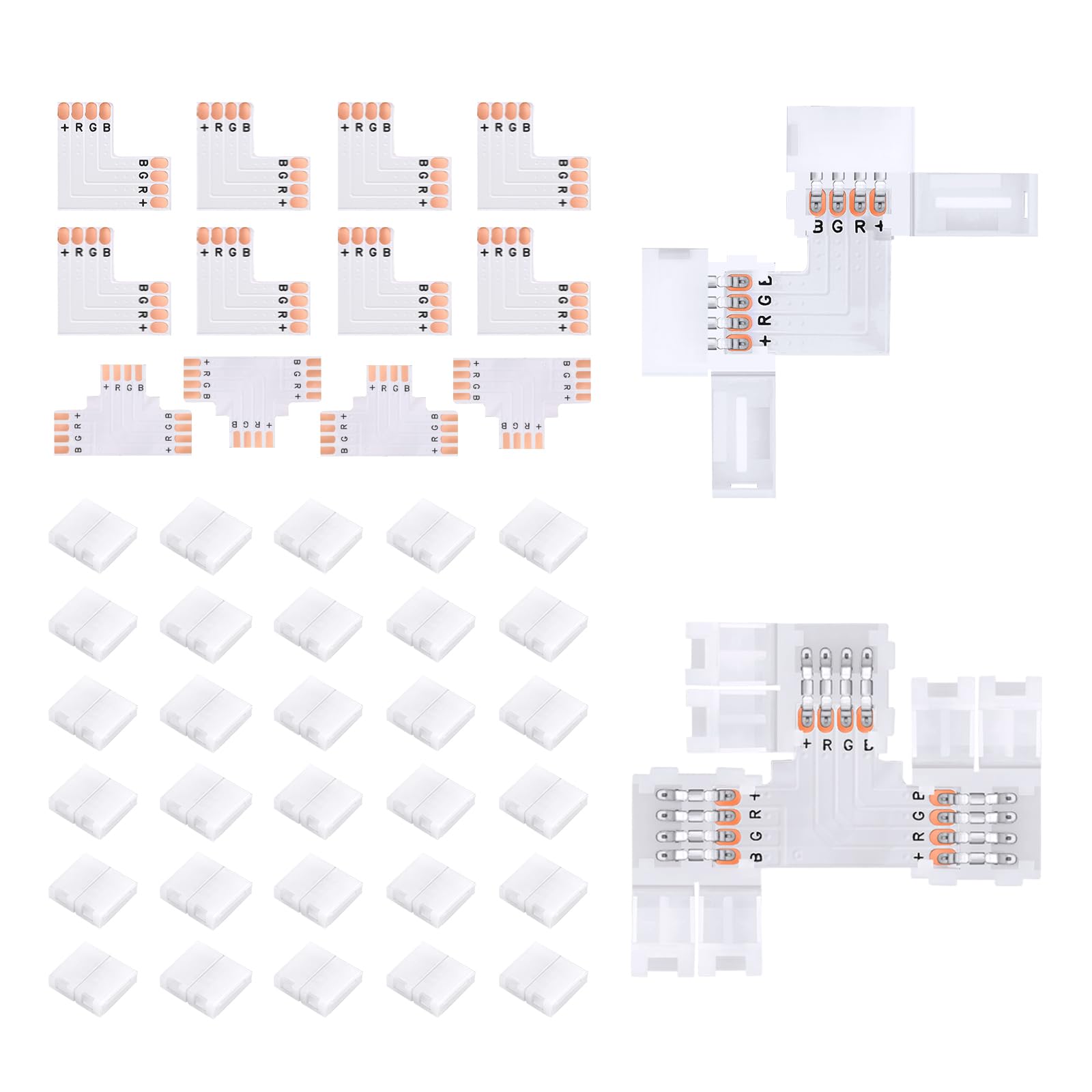 Pmxary 42Pcs 4 Pin Led Strip Connectors Kit For 8Mm Wide Rgb Led Strip Light  Includes 8 L-Shaped  4 T-Shaped  And 30 Solderless Led Light Connectors Clips  Easy For Diy Lighting Projects
