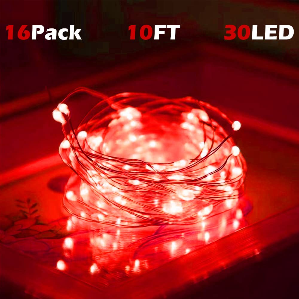 SOCO 16 Pack LED Fairy Lights - 10FT 30LED Copper Wire, IP65 Waterproof, Red, Model 2032 T07, Indoor/Outdoor Decor