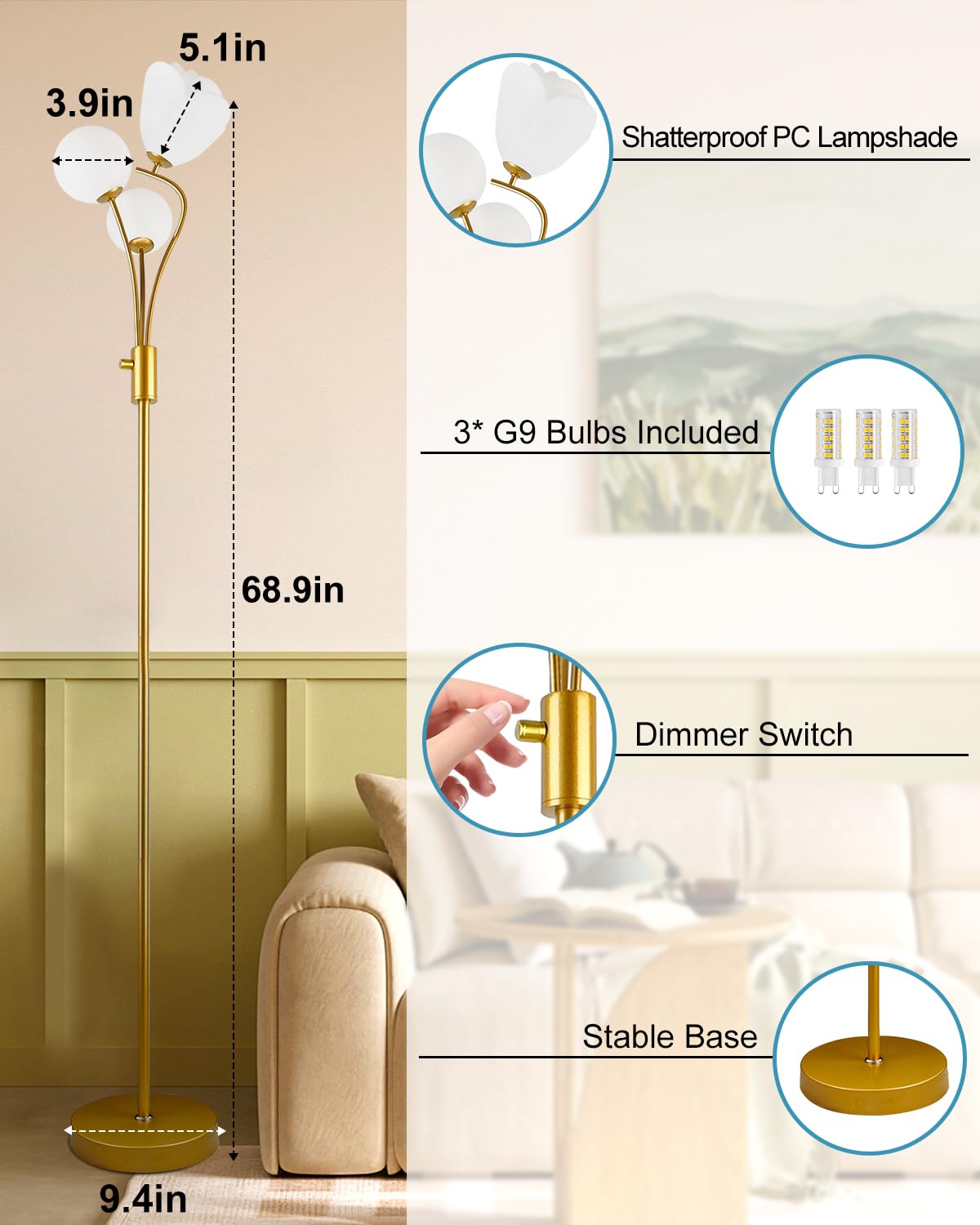 69In Dimmable Floor Lamp Art Deco Floor Lamps With Globe & Flower Lampshade For Girls/Kid Room Gold Standing Lamps With 3Pcs 300