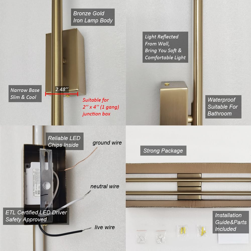 Reddragon Lighting Set Of 2 Modern Linear Led Wall Light Hardwired Dimmable 48 Inch Slim Tube Waterproof Vanity Wall Sconce For Living Room Corridor Bathroom (2 Pack, 48'', Gold, Dimmable)