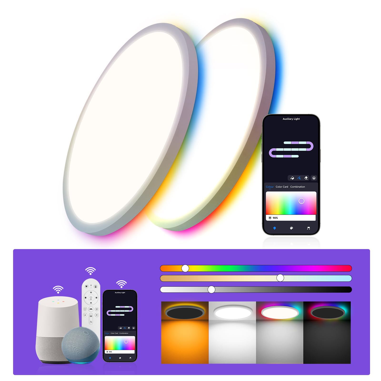 12 Inch 2 Pack Rgb Led Flush Mount Smart Ceiling Light With Night Light 2700K, 24W 2400Lm Ultra-Slim Ceiling Light Fixture With 