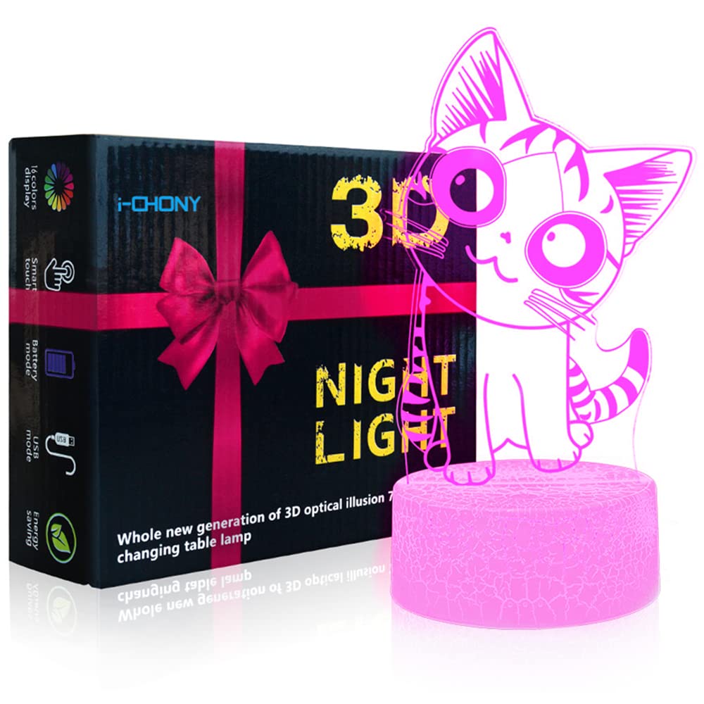 i-CHONY Cat Night Light for Girls,3D Optical Illusion Lamp 16 Colors Dimmable Led Light with Remote & Luminous Base,Cat Gifts fo