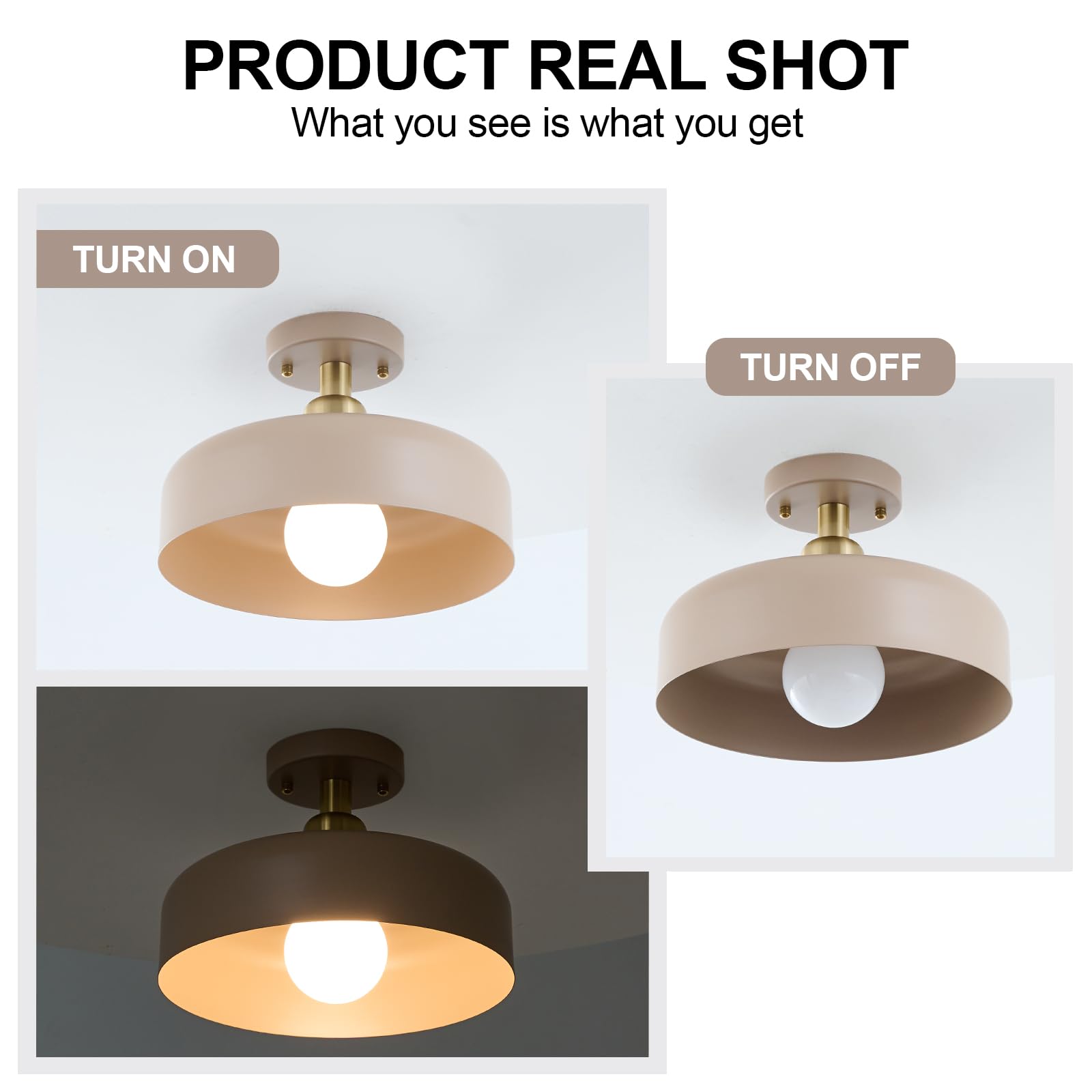 Bisamiya Contemporary Semi Flush Mount Ceiling Light Fixture, Brass Accent Ceiling Light With 12.6" Brown Metal Shade, For Kitchen, Entryway, Hallway, Dining Room, Cafe