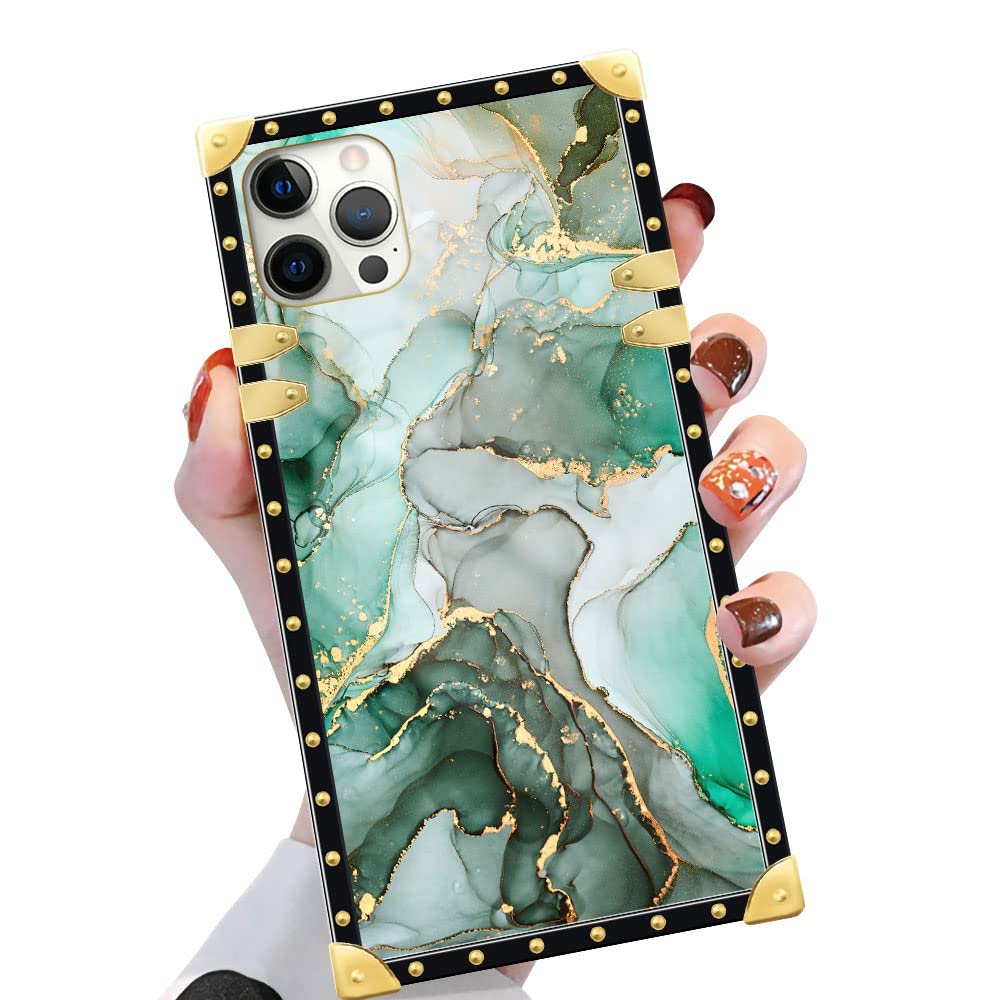 Yuning419 Iphone 13 Pro Max Case,Green Gold Marble Iphone 13 Pro Max Cases For Girls Women,Luxury Golden Decoration Square Soft