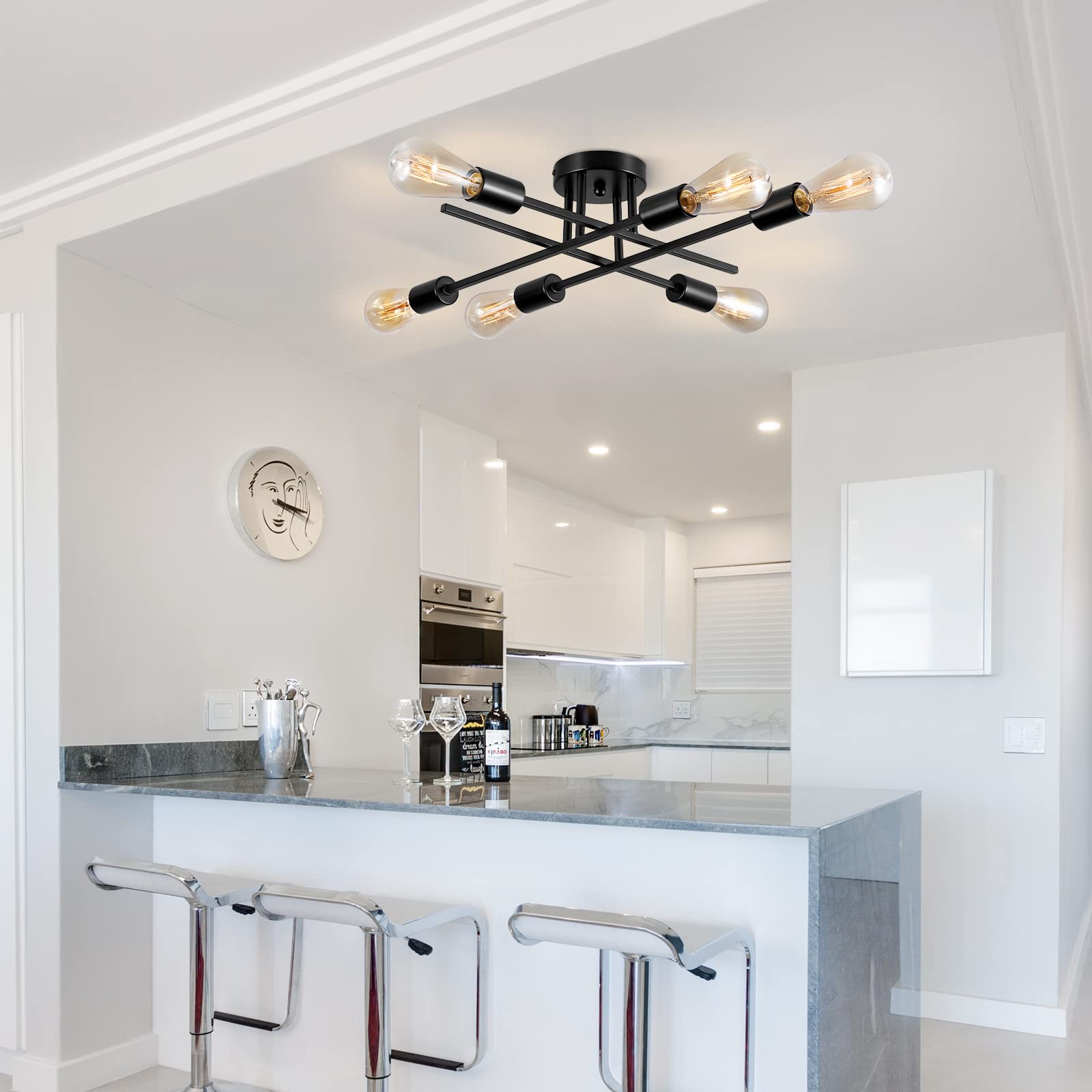 Brknit 6-Light Sputnik Chandelier, Modern Black Semi Flush Mount Ceiling Light Fixture