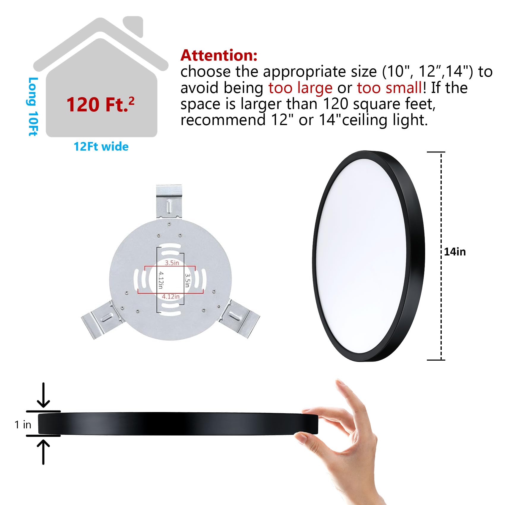 Caisens 14 Inch Flush Mount Ceiling Light Fixture, Dimmable, Metal and Glass, Black, Model CS019