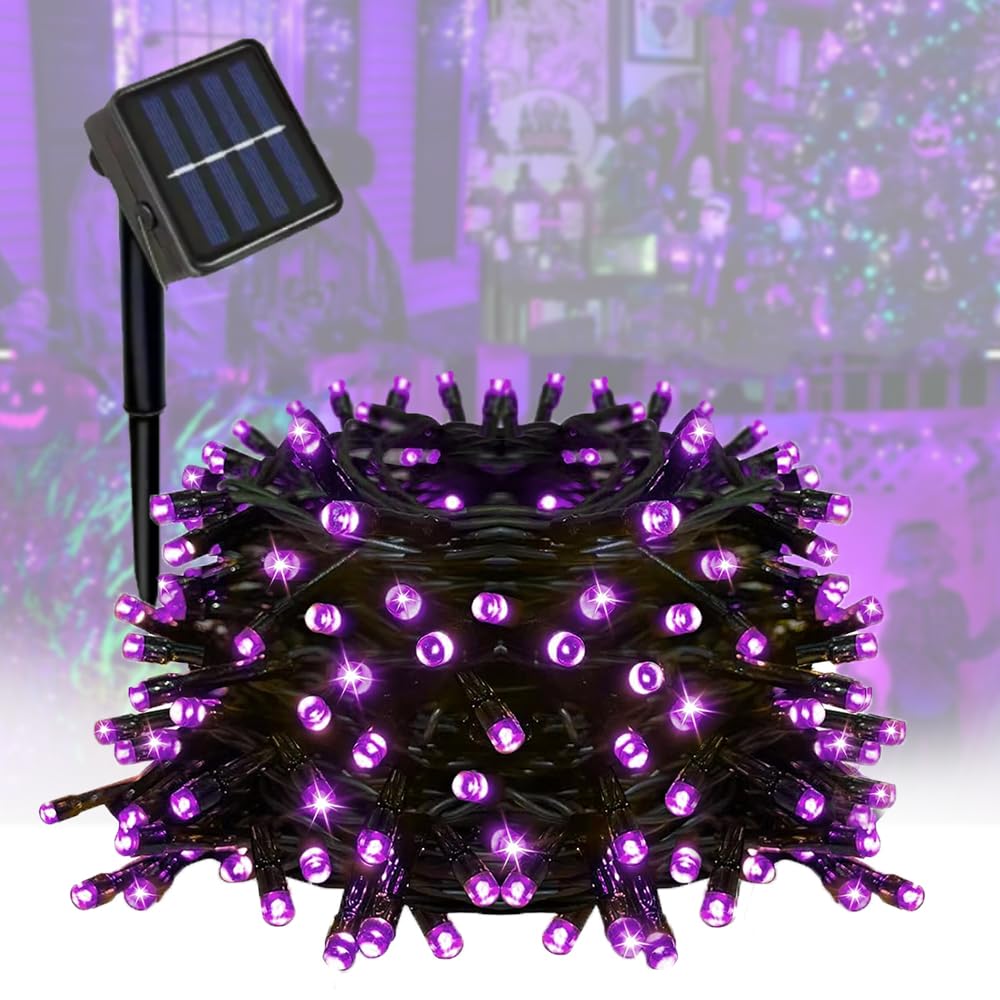 Solar String Lights Outdoor, Blackish Green Wire, 40ft 100 LED with 8 Lighting Modes for Outside,Garden,Courtyards,Trees (Purple