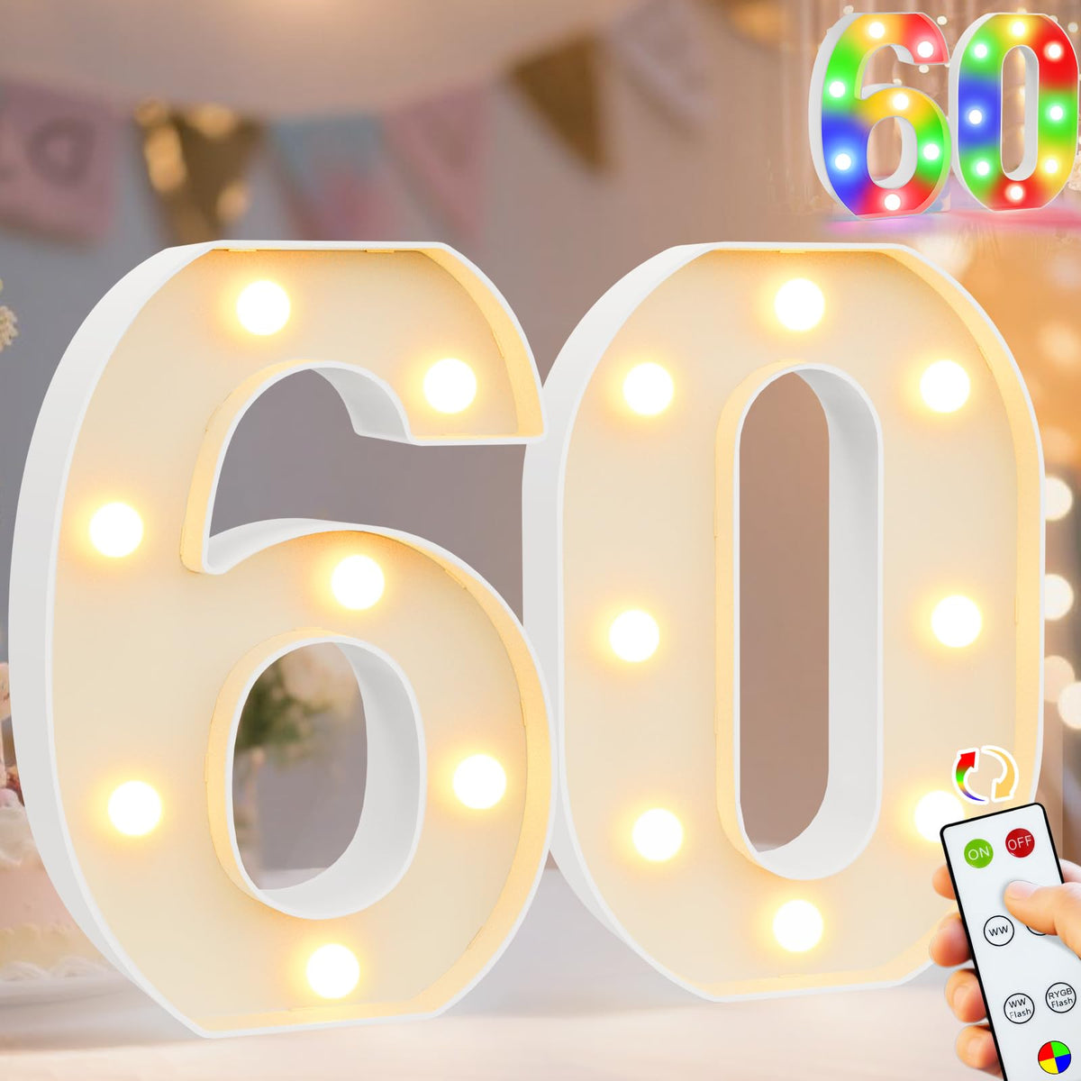 Pooqla LED Number 60 Birthday Decoration, Warm White & Colorful Marque ...