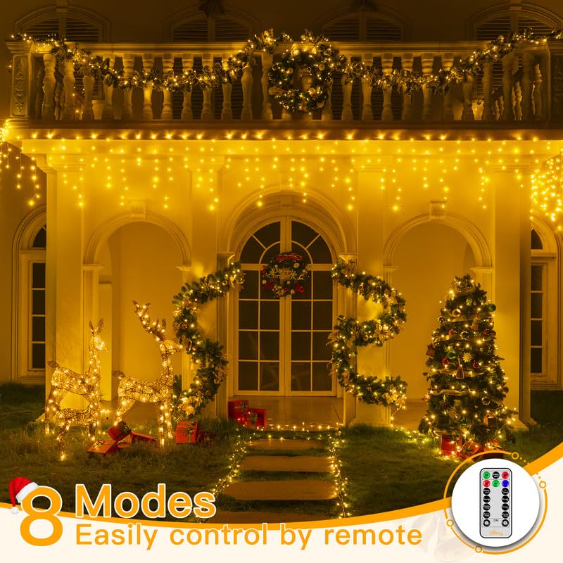 Ollny Icicle Lights For Outside 396Led 32Ft, Warm White Christmas Light With Remote 8Modes Timers Waterproof, Plug In Connectabl