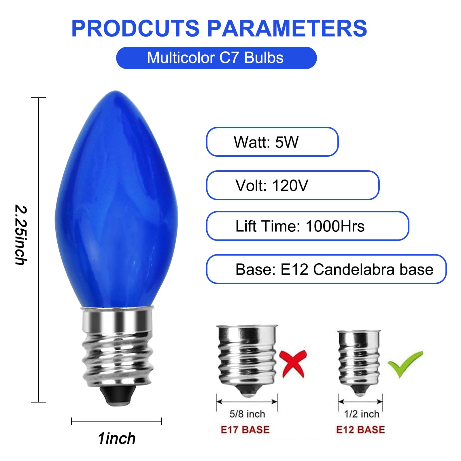 Bokoiuu C7 Replacement Light Bulbs, 25 Pack Christmas Blue Night Bulbs, C7/E12 Candelabra Base For Outdoor String Light Incandes