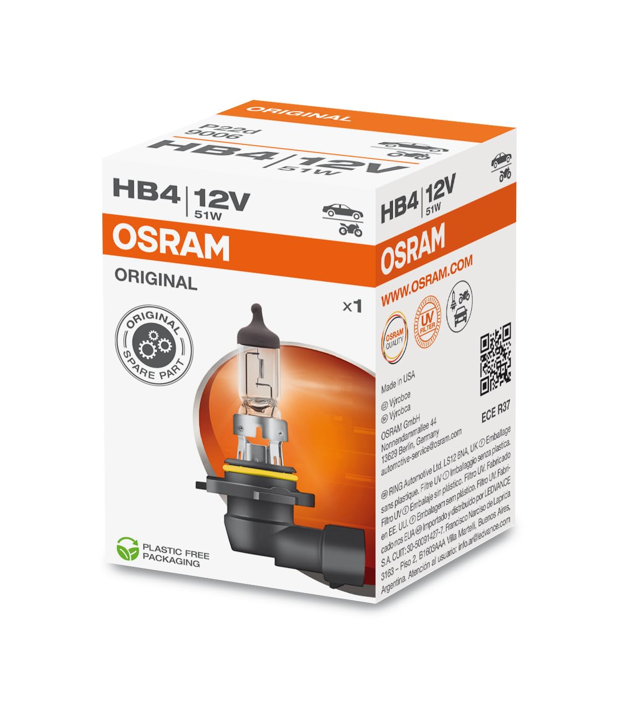 OSRAM SYLVANIA Original 12V HB4 halogen headlamp bulb 9006-01B 1 in single blister