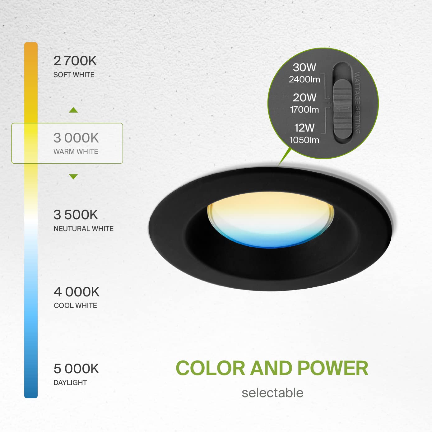 ASD 8 Inch Canless LED Downlight, Dimmable, Power Adjustable 12/20/30W, 5 Color Temps, 4 Pack, Black, Aluminum Housing