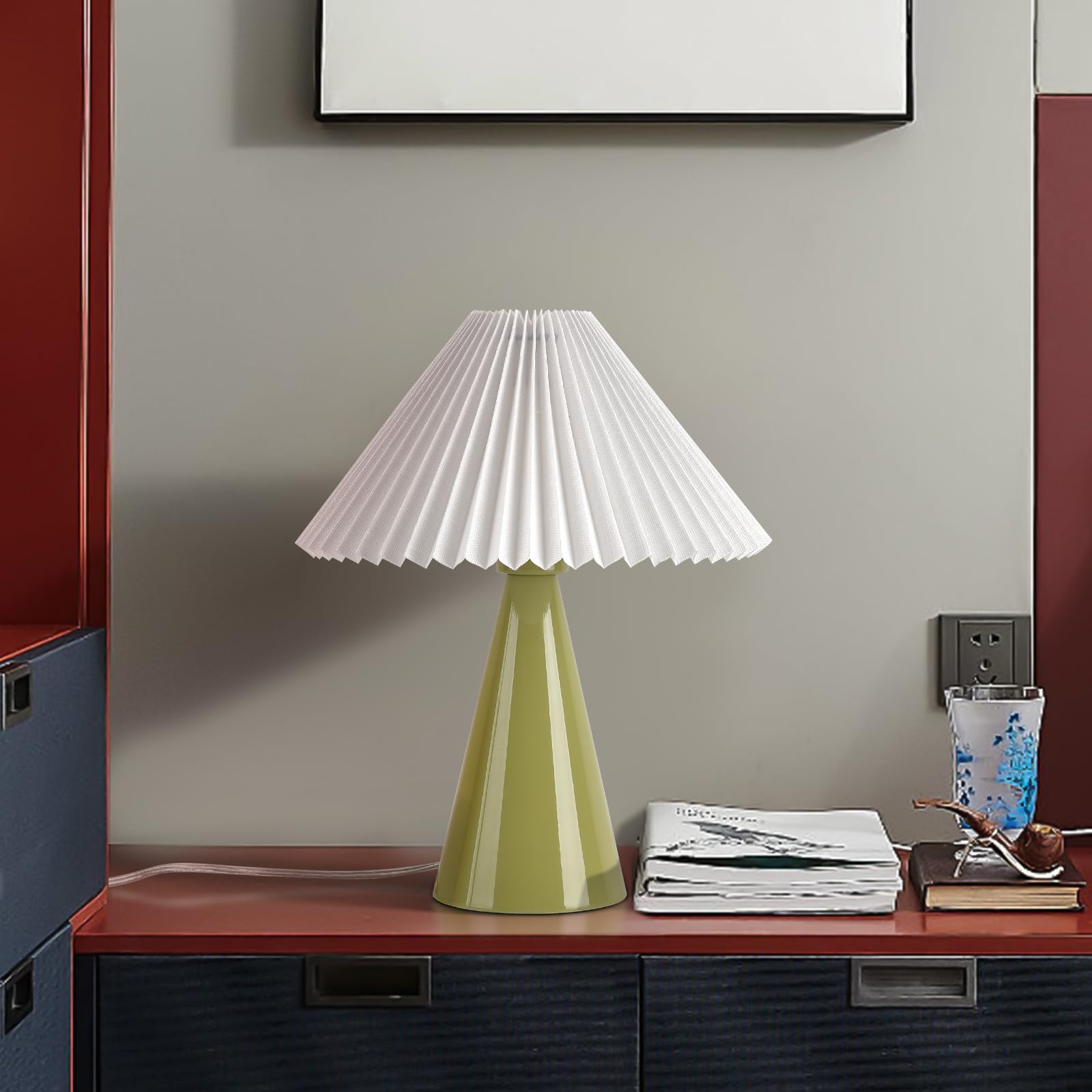 Ziqqeelam Green Small Table Lamp, Cute Table Lamp, Pleated Table Lamp,Light Blue Bedroom Lamps for Nightstand, Small Scalloped L