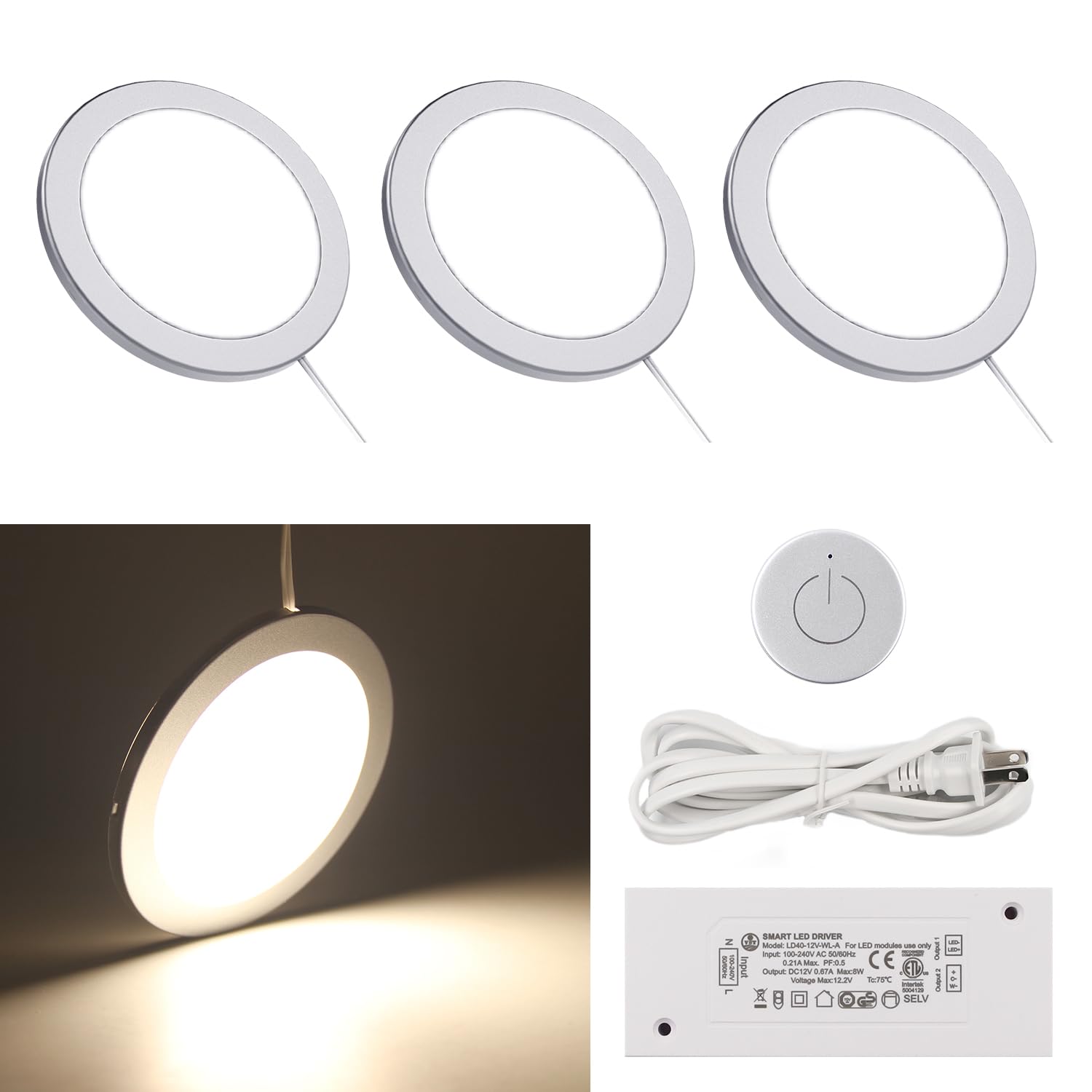 VST Under Cabinet Mini Panel Lighting 3PCS 3.94inch 12V 2.5W with Wireless Dimmer Switch, Round White, Model PL07