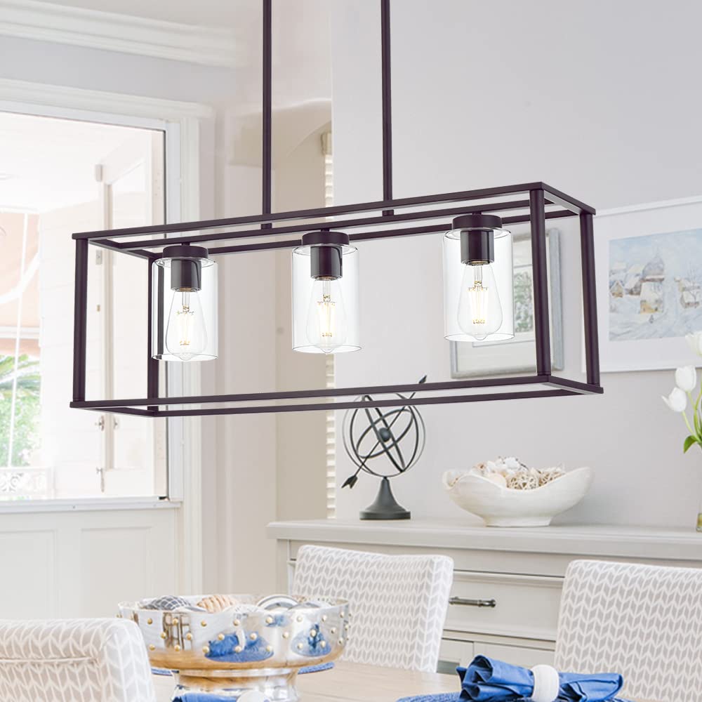 VINLUZ 3-Light Pendant Chandelier, Metal, Oil-Rubbed Bronze, Modern Design, Clear Glass Shades, Model 1811-3-19