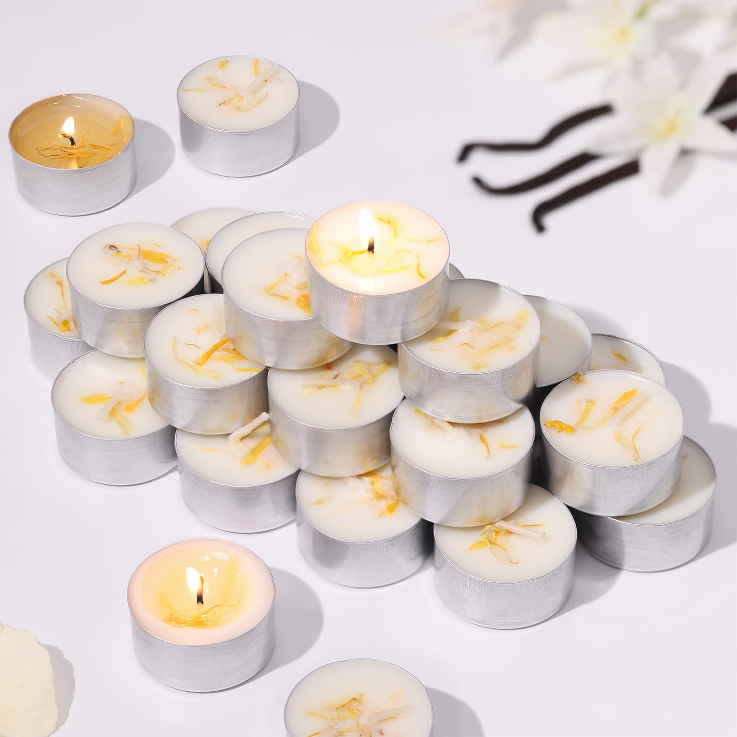 48 Pcs Vanilla Scented Tealight Candles, 6H Long Burning - 100% Palm Wax Based Scented Tea Lights with Dried Flowers, Non-Toxic/