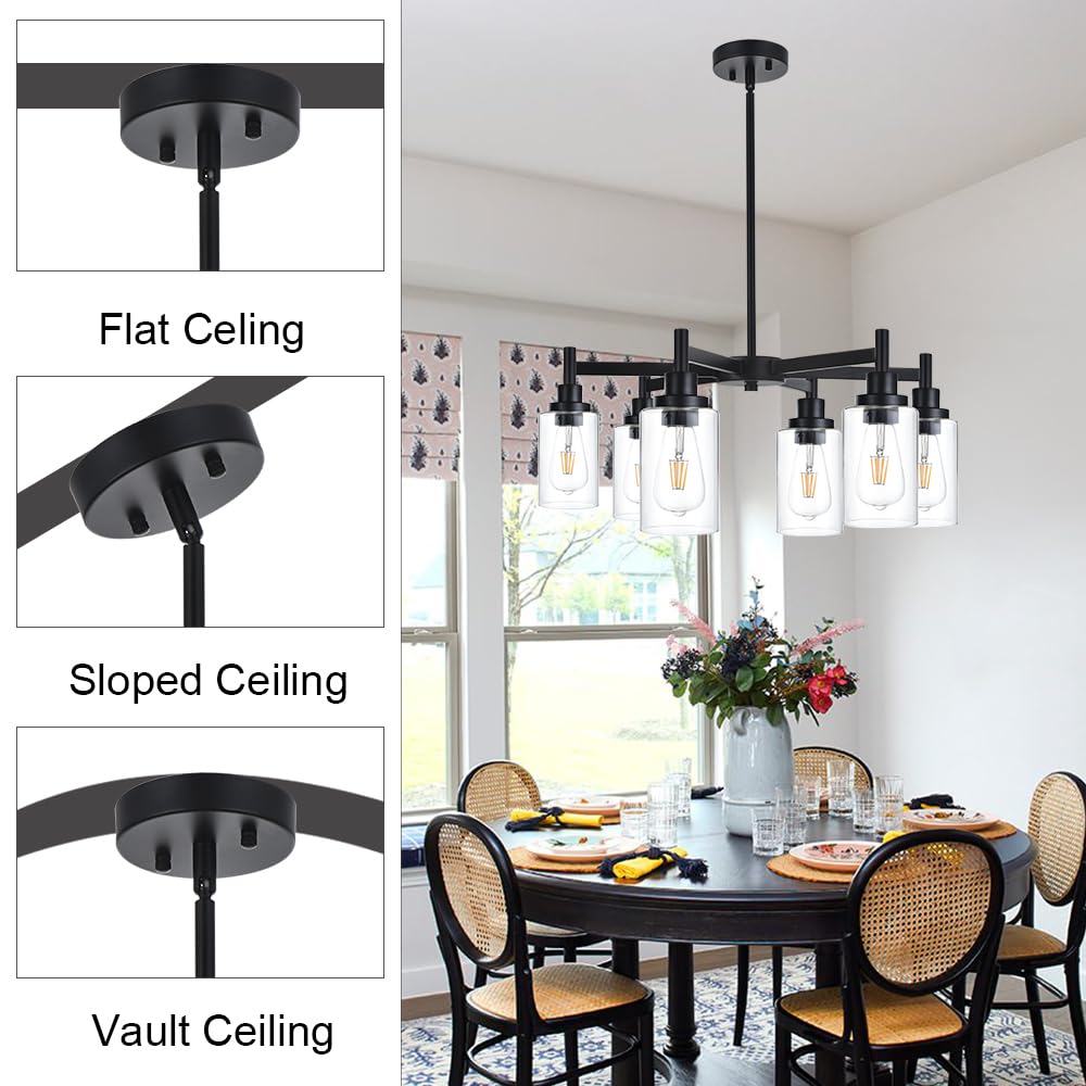 VINLUZ 6 Light Industrial Chandelier Black Pendant Lighting Hanging Fixture with Cylinder Clear Glass for Kitchen Bedroom Dining