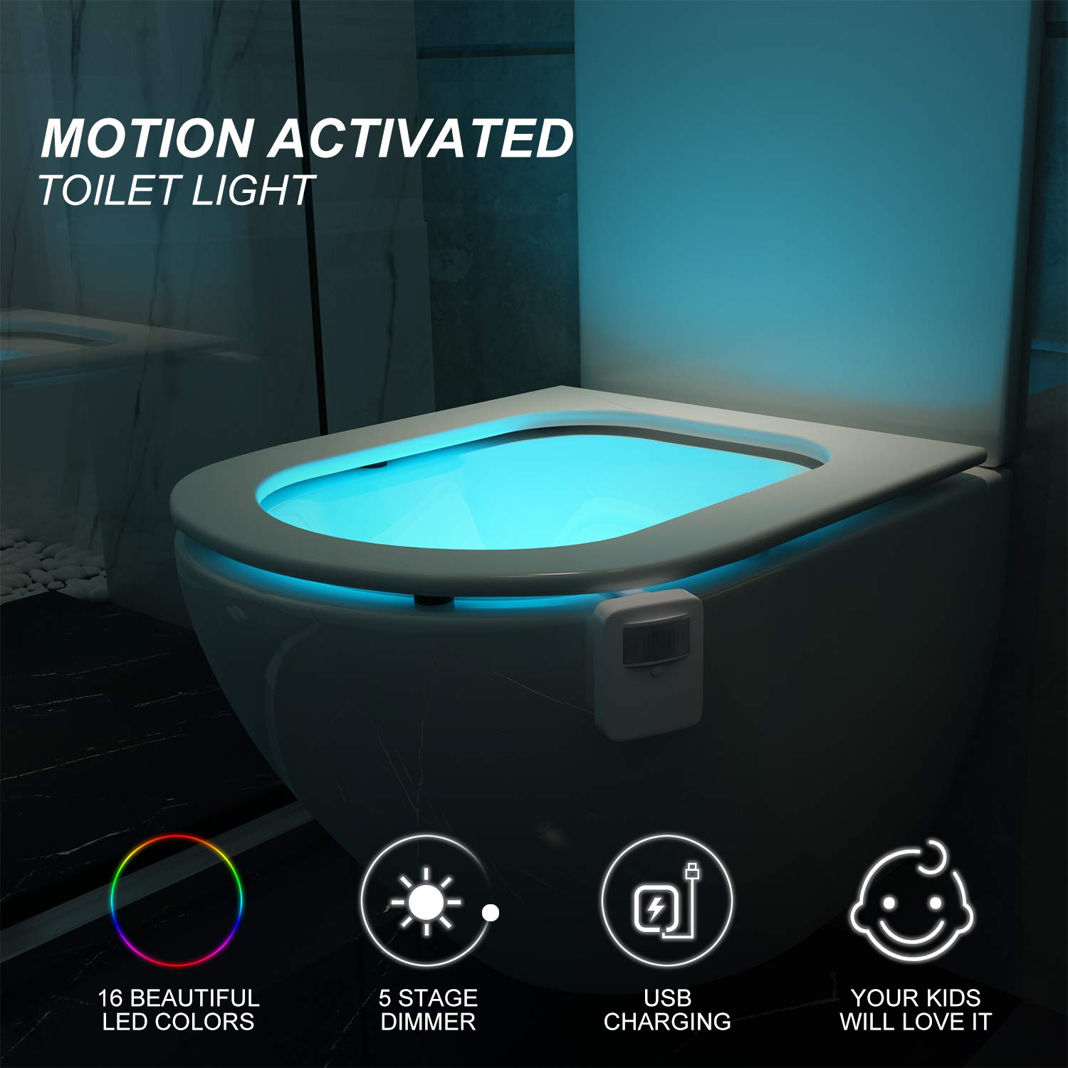 Witshine 2 Pack Toilet Night Lights - 16-Color Motion Detection, White, Model 550plus, Plastic, Novelty Bathroom Gadget for Kids and mature-themeds