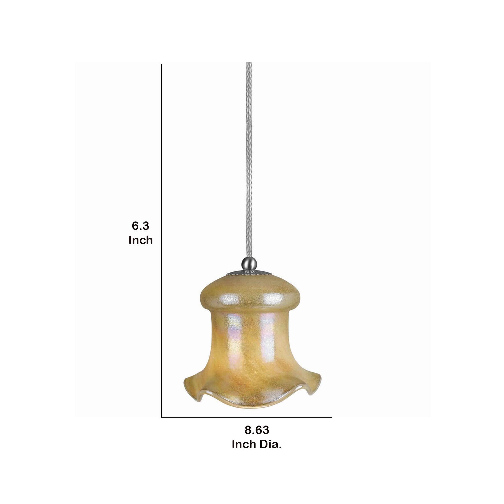 Benjara Bm223548 Bell Design Glass Shade Pendant Lighting With Cord, Beige And Silver