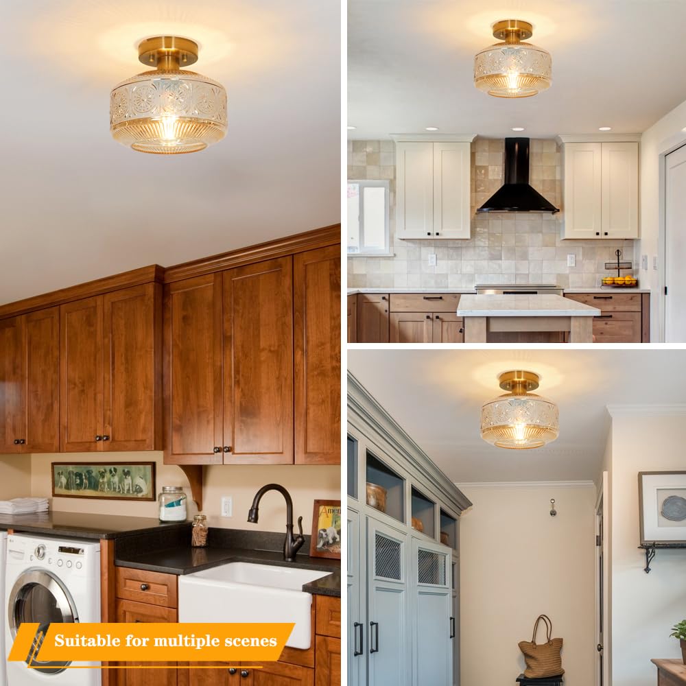Semi Flush Mount Ceiling Light, Vintage Small Ceiling Light Fixture, Thickened Glass Hallway Lighting Fixture, Brass Kitchen Cei