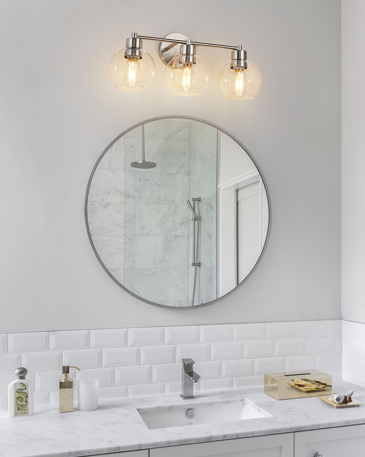 Wilon Brushed Nickel Vanity Lights For Bathroom  3 Light Bathroom Vanity Light With Globe Clear Glass Shades  Silver Bathroom Lighting Fixtures Over Mirror  Modern Bathroom Sconces Wall Lamp