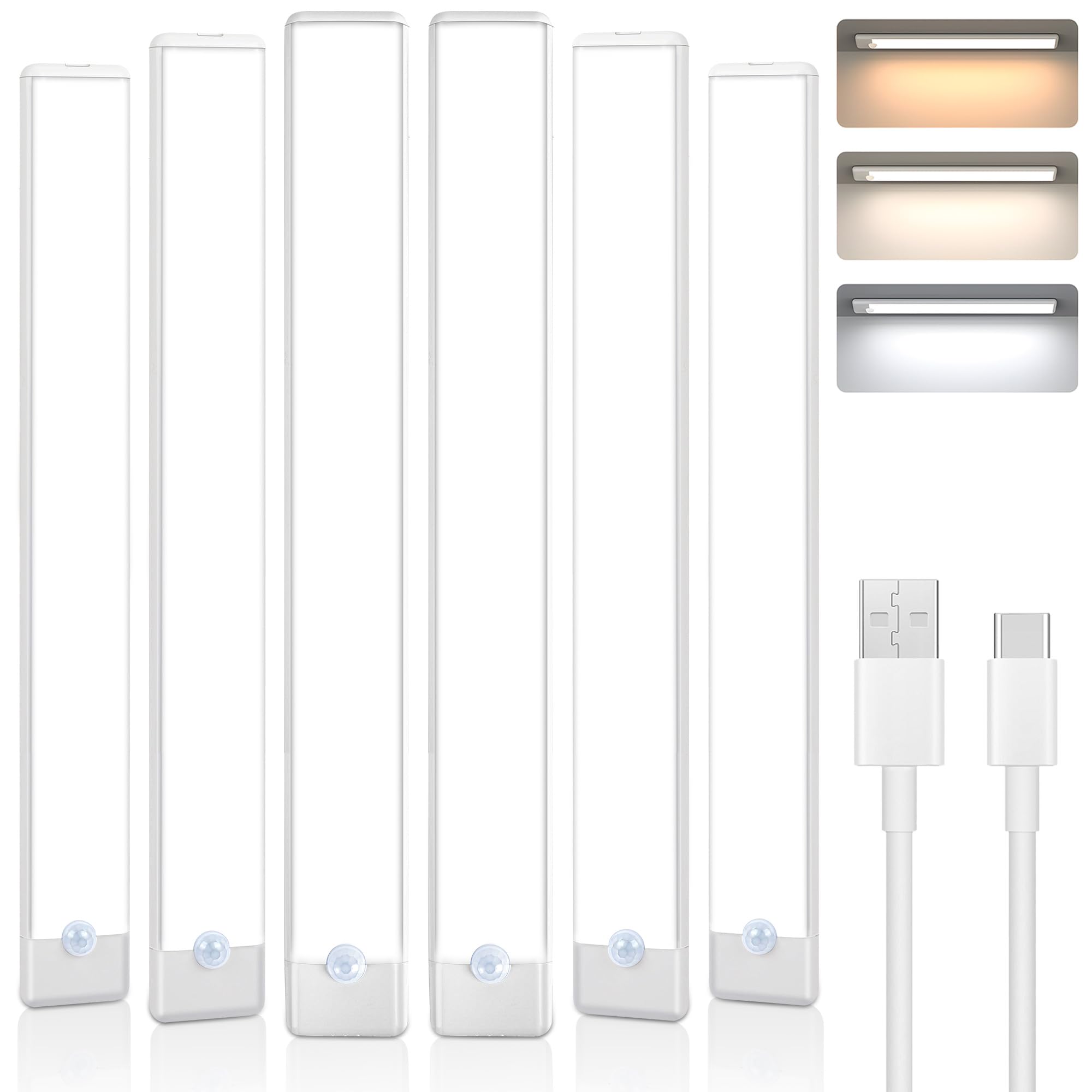 Maylit 6 Pack Under Cabinet Lighting  3 Color Temps Motion Sensor Light Indoor  Rechargeable Battery Operated Lights  Wireless Magnetic Light Bar For Kitchen Counter Closet Stair Shelf Display