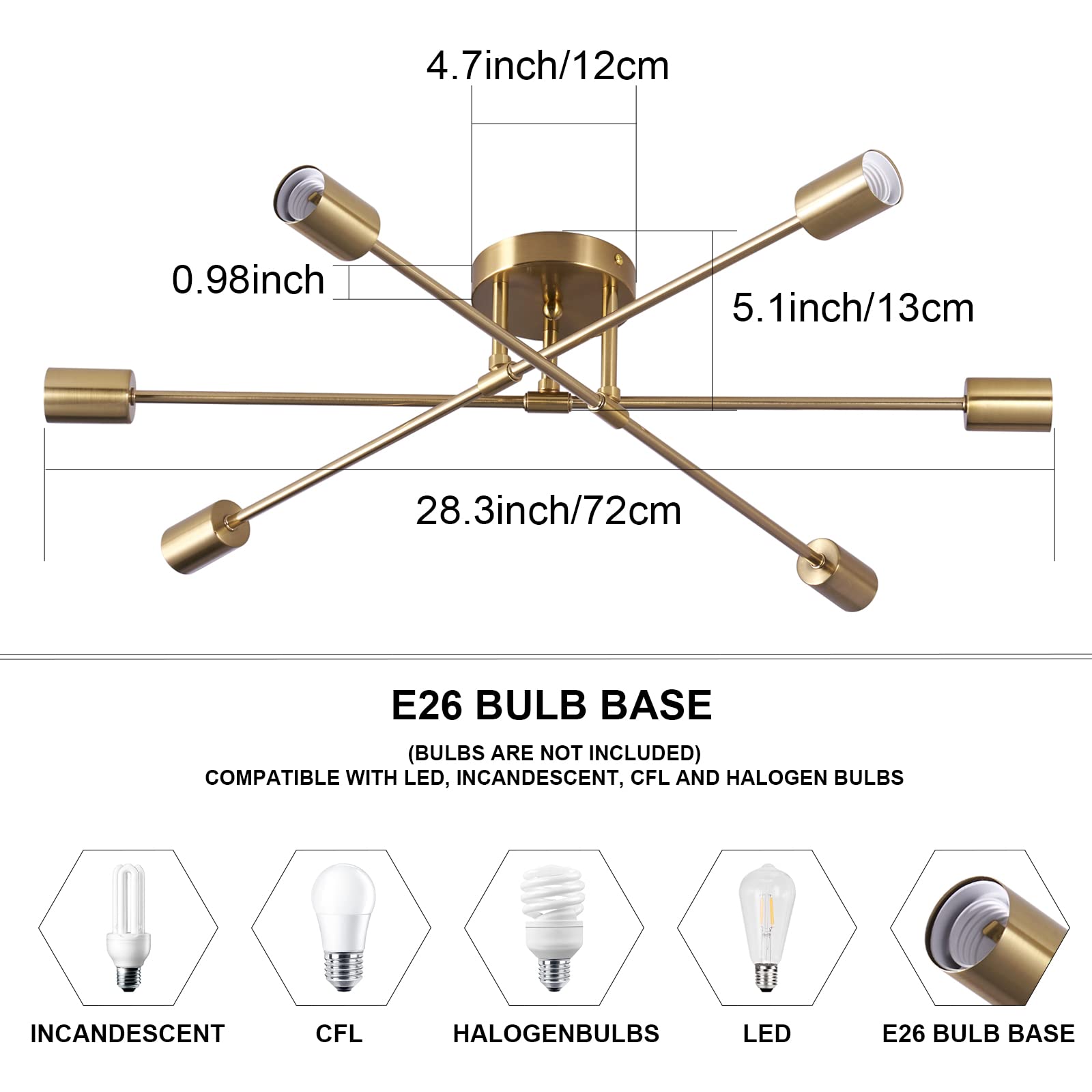 Brknit 6-Light Brass Semi Flush Mount Ceiling Light, Mid Century Industrial Chandelier