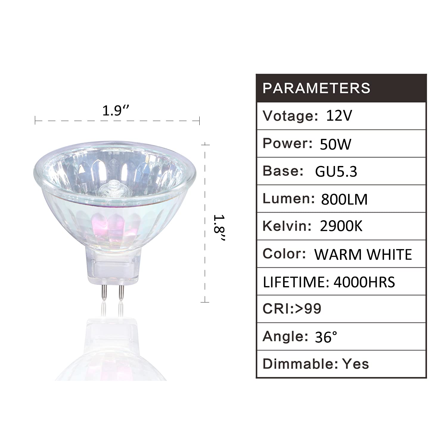 GMY MR16 Halogen Bulb 50W, Warm White, GU5.3 Bi-Pin Base, 6-Pack, 4000Hr Lifetime