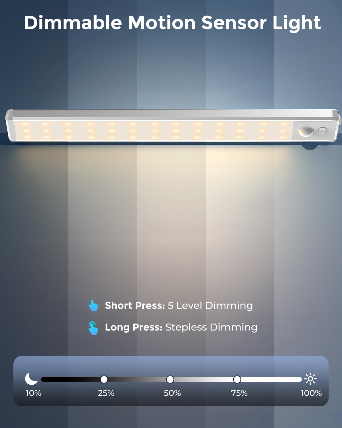 OTWKAY Under Cabinet Motion Sensor Light, Dimmable LED, 10.5in, Warm White, Magnetic Wireless, Rechargeable, 2 Pack