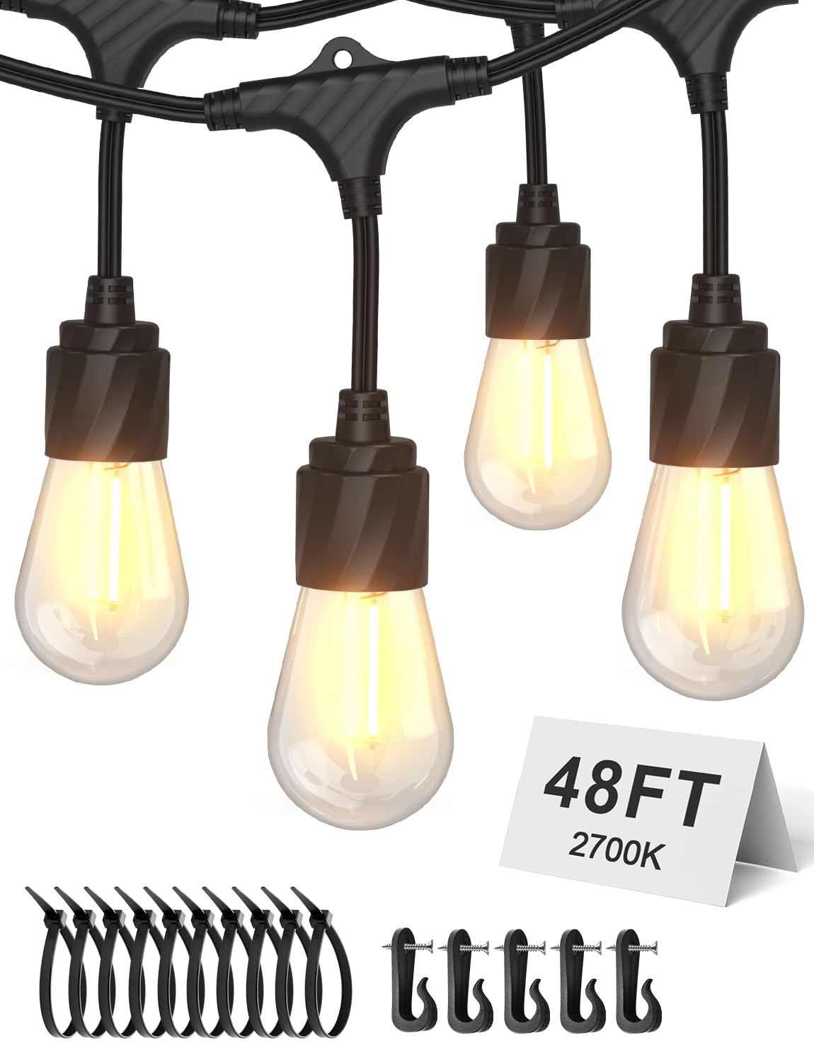 XMCOSY+ 48FT Outdoor String Lights Waterproof - LED Patio Hanging Lights for Outside Porch Backyard Gazebo Garden, Commercial Gr