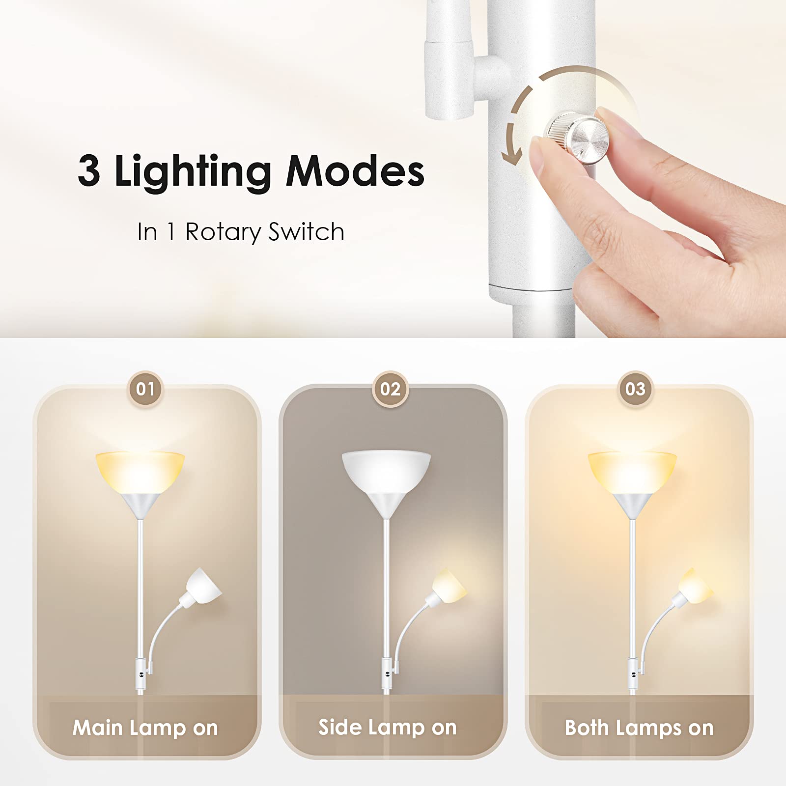 BoostArea LED Floor Lamp, 9W Torchiere with 4W Adjustable Reading Light, Medium White, Metal, Model HD002ZMH