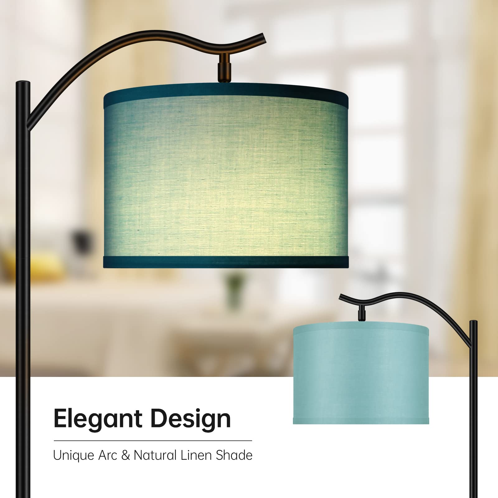 BoostArea Mid Century Arched Floor Lamp - Green Linen Shade, E26 Socket, Footswitch, Ideal for Living Room, Bedroom, Office