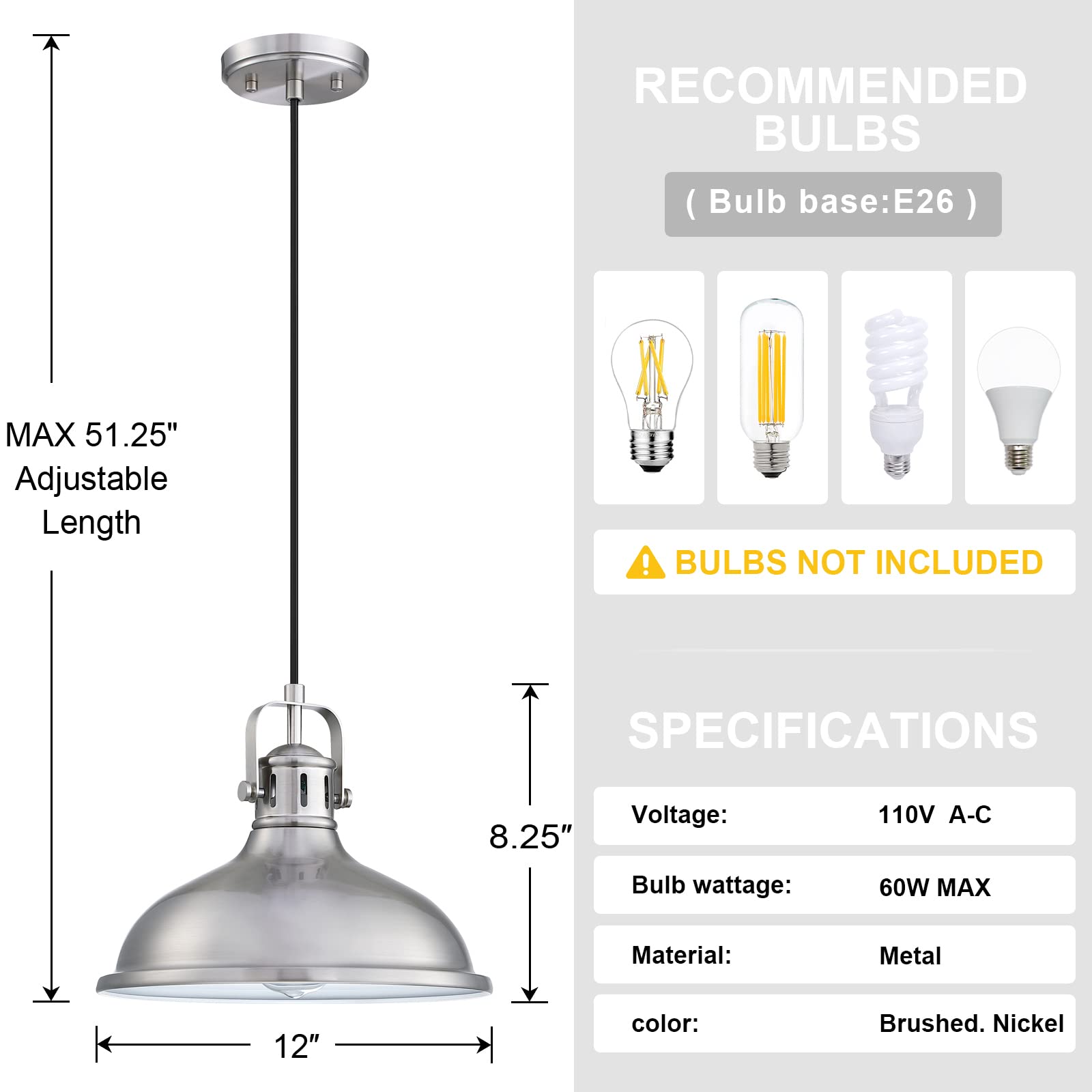 12 Inch Led 2 Pack 1 Light Pendant Light Industrial Vintage Fixtures Metal Chandelier Lights With Brushed Nickel Finish,Ceiling
