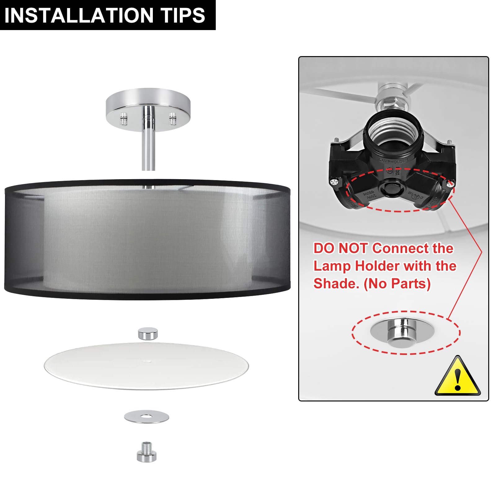 Dllt 3-Light Semi Flush Mount Ceiling Light Fixture, Modern 15'' Black Ceiling Lamp With Double Fabric Shade, Close To Ceiling L