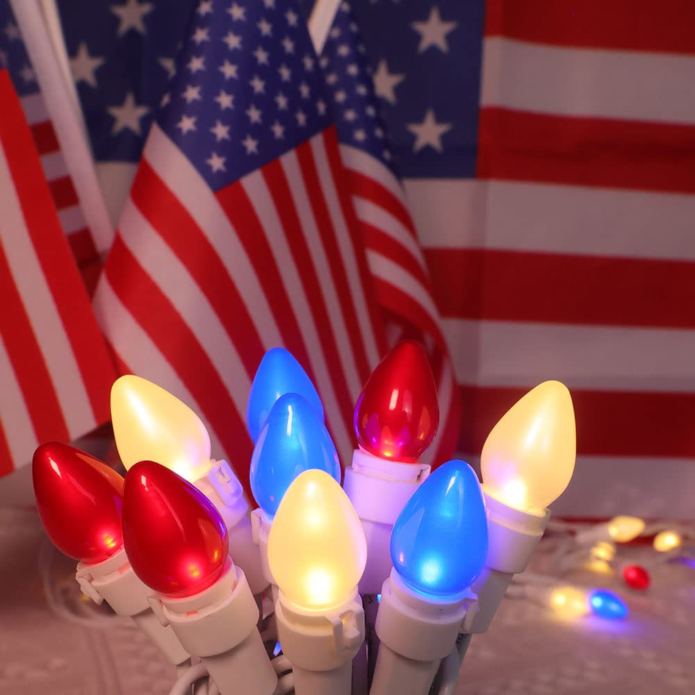 4Th Of July Decoration Patriotic Led C3 Glass Mini Lights 50 Count Red White Blue Plug In String Lights 120V Etl Cerfified Plug