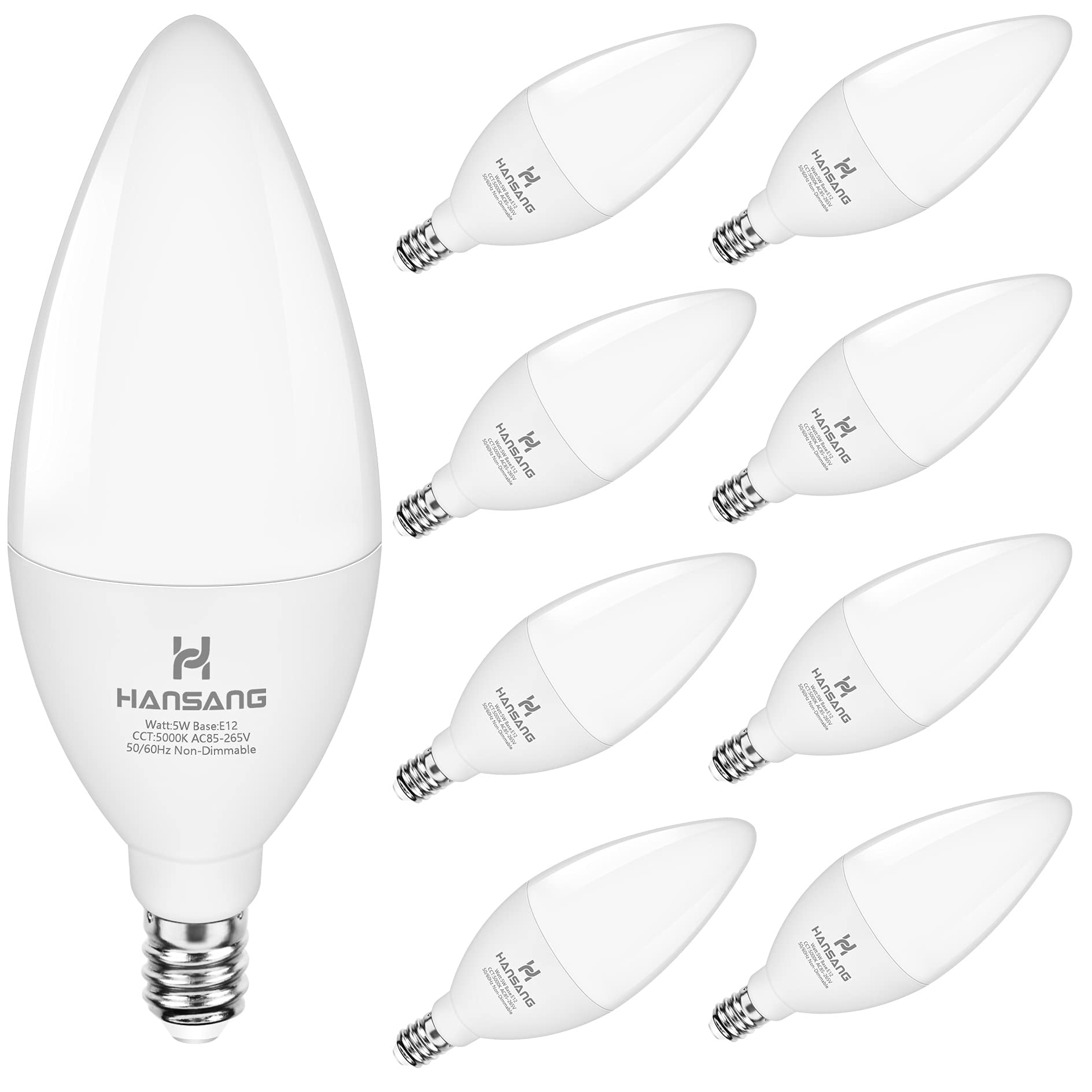Led Candelabra Light Bulbs E12 Small Base Daylight 5000K, Hansang Type B Shape Light Bulb 60W Equivalent, 500Lm Small Candelabra