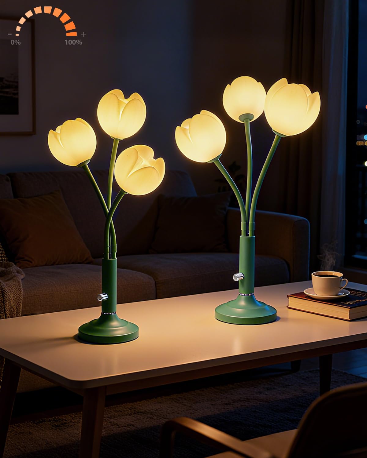 Lightdot Vintage Flower Table Lamp Set of 2, Green Small Cute Bedside Lamp with Adjustable Gooseneck& Bulbs, 3000K Warm Light Di