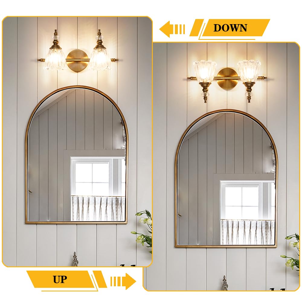 Ditoon Brass Vanity Light - 2 Light Farmhouse Wall Sconce, Brushed Gold Finish, Flower Glass Shade, Model DX230004V
