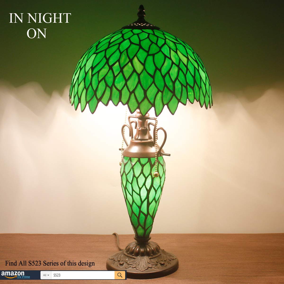 WERFACTORY Tiffany Style Table Lamp, Green Wisteria, 12x12x22 Inches, Glass, Model S523, Ideal for Bedroom or Living Room Decor