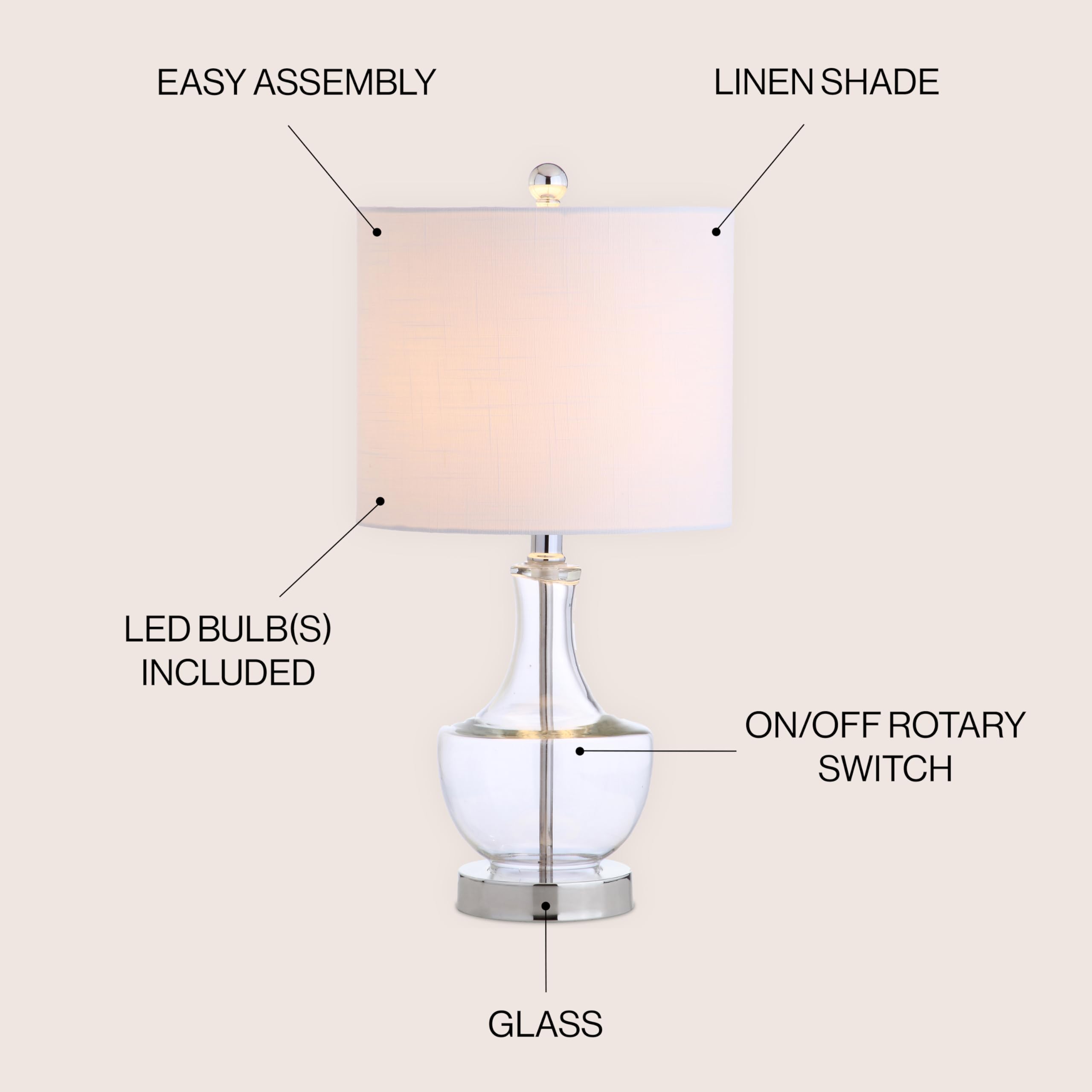 Jonathan Y Colette 20 Mini Glass Led Table Lamp, Clear, Model Jyl1029A, Transitional & Modern Design For Home & Office