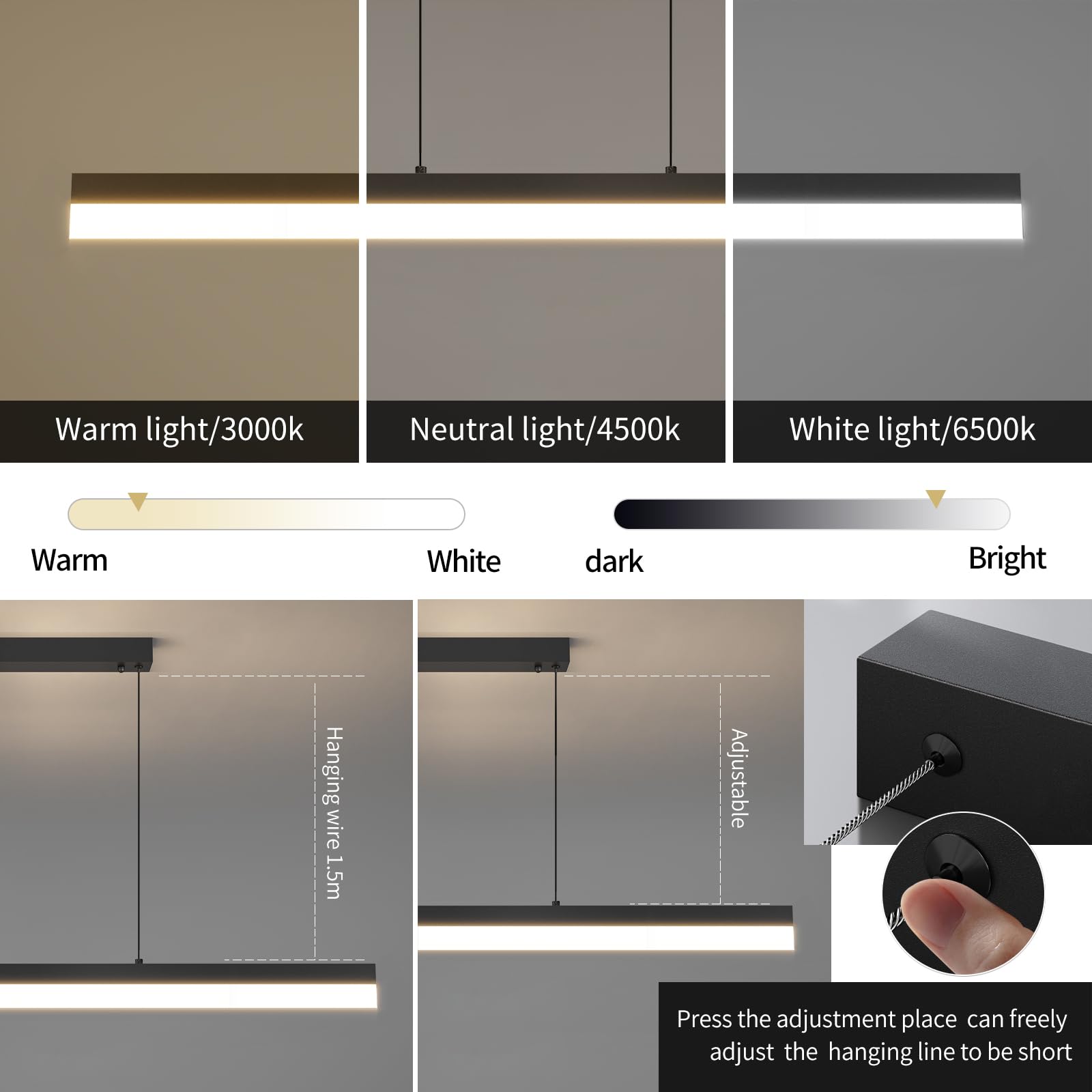 Led Linear Pendant Light, Dimmed Chandeliers For Dining Room With Remote Control, Modern Pool Table Island Lights Adjustable Cei