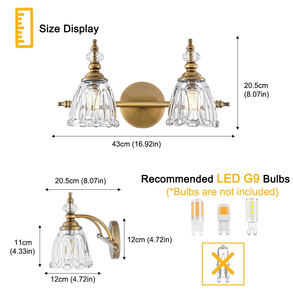Ditoon Brass Vanity Light - 2 Light Farmhouse Wall Sconce, Brushed Gold Finish, Flower Glass Shade, Model DX230004V