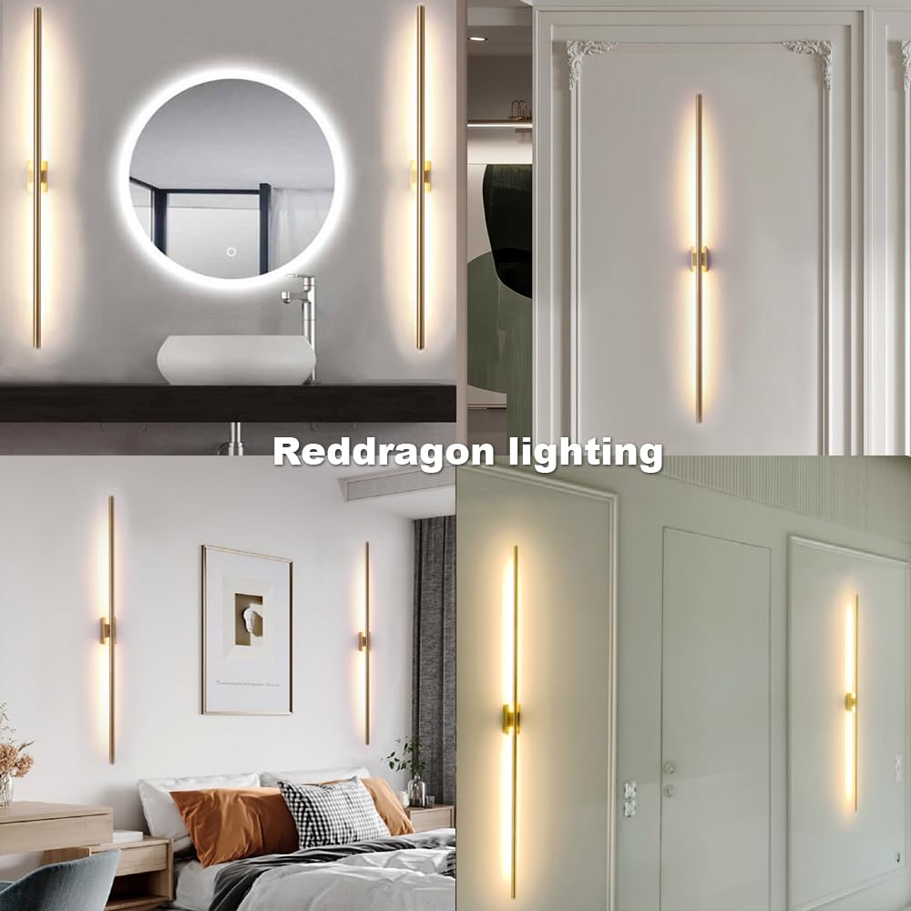 Reddragon Lighting Set Of 2 Modern Linear Led Wall Light Hardwired Dimmable 48 Inch Slim Tube Waterproof Vanity Wall Sconce For Living Room Corridor Bathroom (2 Pack, 48'', Gold, Dimmable)